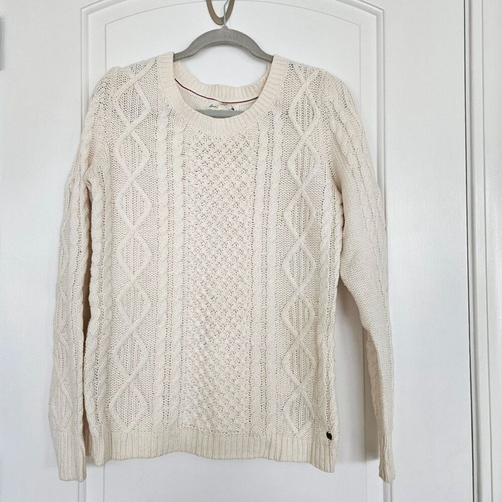 L.O.G.G. Fisherman Knit crew neck pullover, Ivory, button details, logo, women M